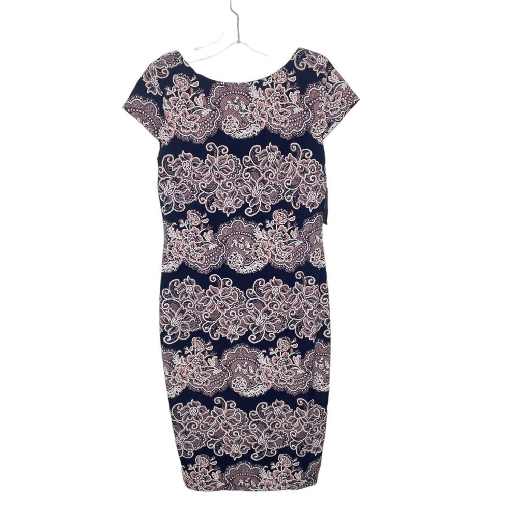 Navy Blush Floral Lace Print Sheath Dress Petite 4P V416353 Short Sleeve